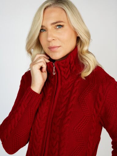 Ladies Aran Turtleneck Zip Cardigan Red