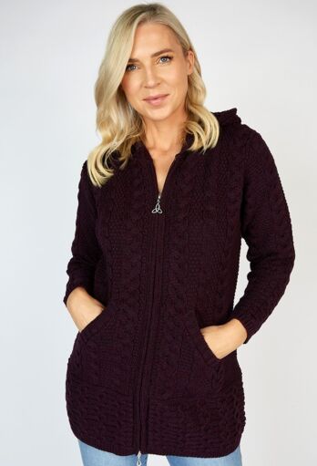 Irish Aran Hooded Coat Damson