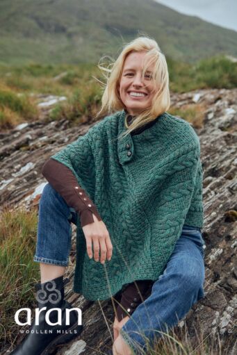 One Size Cable Knit Poncho with Buttons Green Marl