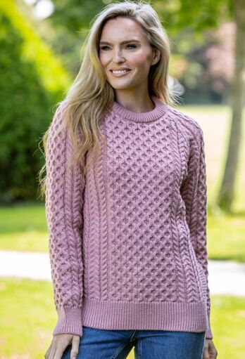 Ladies Merino Wool Fitted Aran Sweater Pink 