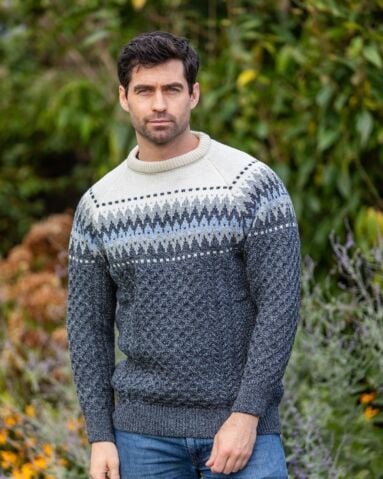 Fairisle Aran Sweater Slate - 100% Merino Wool
