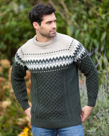 Unisex Merino Wool  Aran Fairisle Sweater Army Green