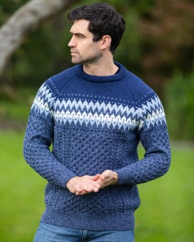 Unisex Merino Wool  Aran Fairisle Sweater  Denim 
