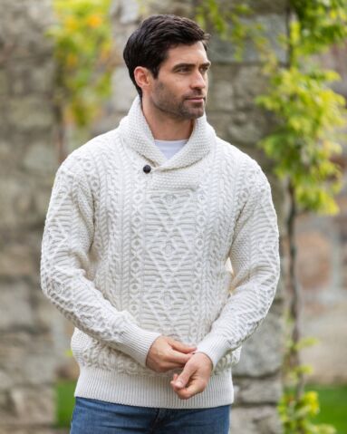 Men's Aran Shawl Neck Merino Wool Sweater