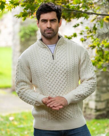 Mens Aran Half Zip Neck Sweater Natural