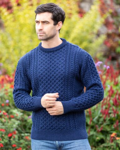Unisex Merino Wool Aran Sweater - Deep Water Blue
