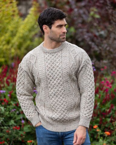 Pure Wool Unisex Aran Sweater Oatmeal Fleck