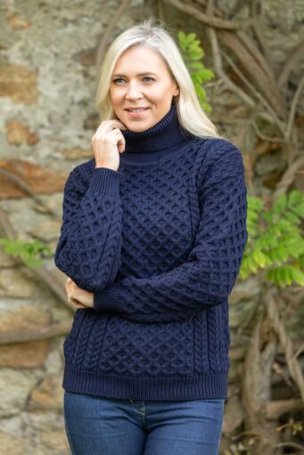 Unisex Aran Turtleneck Sweater Navy