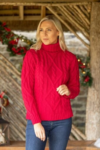 Womens Turtleneck Sweater Merino Wool Red