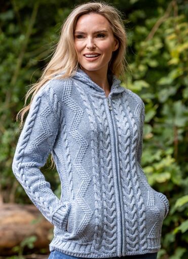 Ladies Aran Hooded Cardigan with Claddagh Zip Parsnip The