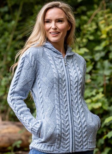 Ladies Aran Hooded Cardigan With Cladagh Zip