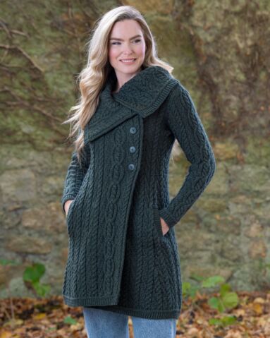 Womens Long Coat with Chunky Collar Green