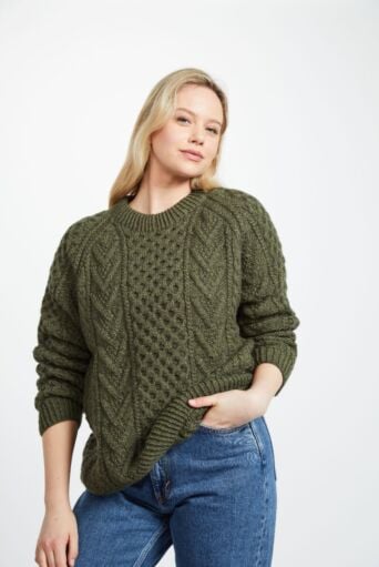 Handknit Green Aran Sweater Merino Wool