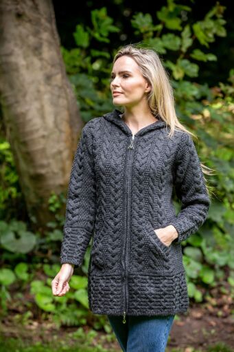 Aran Hooded Coat with Celtic Knot Zipper | The Sweater Shop