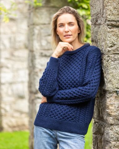 Merino Wool Irish Aran Sweater Deep Water Blue