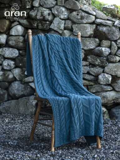 Aran Cable Knit Blanket Super Soft Merino Ocean Blue 