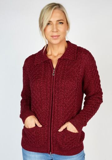 Irish Aran Zip with Collar Raspberry 