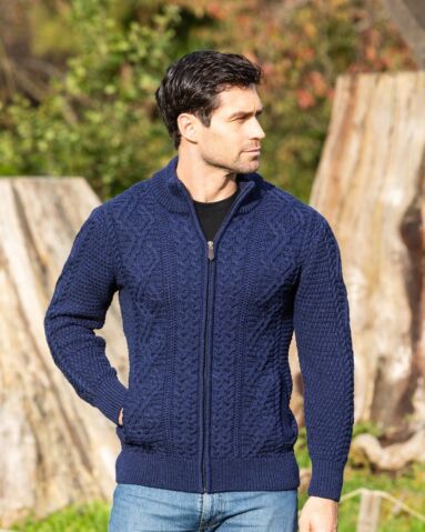 Mens Fisherman Full Zip Cardigan Deep Water Blue