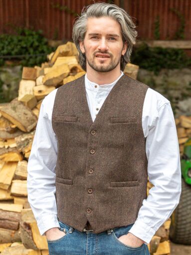 Wool Blend Lined Waistcoat Brown Herringbone