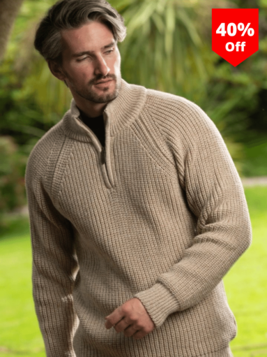 Mens Aran Half Zip Neck Sweater Deep Water Blue