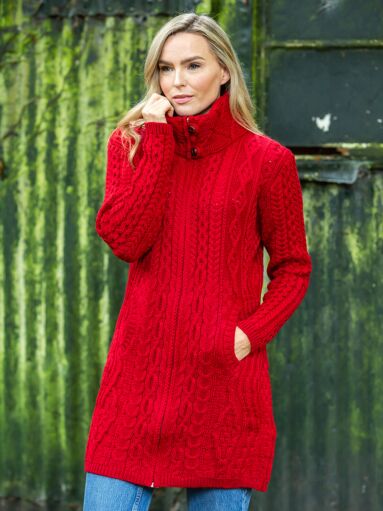 Womens Long Fitted Aran Coat - Red