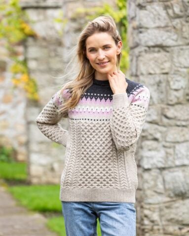 Ladies Merino Wool Fitted Fairisle Sweater Oatmeal