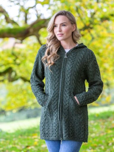 Irish Aran Hooded Coat Army Green 