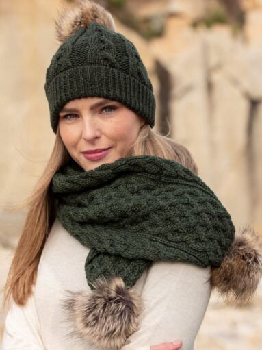 Green Pom Pom Aran Scarf