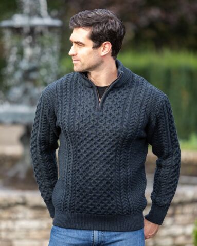 Mens Aran Half Zip Neck Sweater Blackwatch