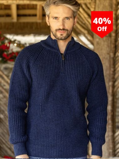 Men's half zip ribbed sweater Deep Water Blue