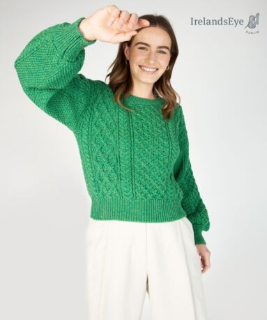 Honeysuckle Cropped Aran Sweater Green Marl