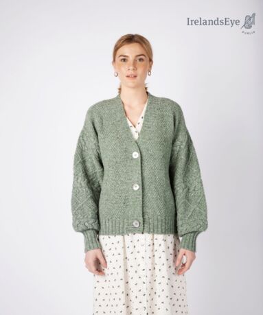 IrelandsEye Knitwear Thistle Cable Knit Sleeves Cardigan Apple