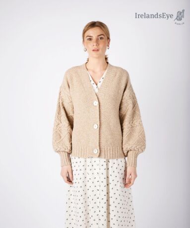 IrelandsEye Knitwear Thistle Cable Knit Sleeves Cardigan Beige Marl