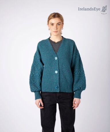 IrelandsEye Knitwear Thistle Cable Knit Sleeves Cardigan AquaMarine