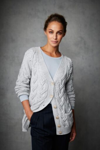 Super Soft Aran V Neck Cardigan Silver