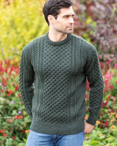 Unisex Merino Wool Aran Sweater - Army Green