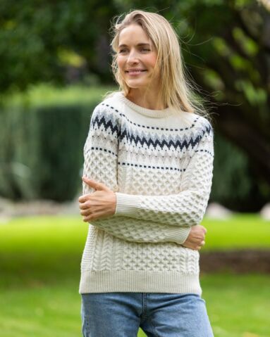 Ladies Merino Wool Fitted Fairisle Sweater Natural