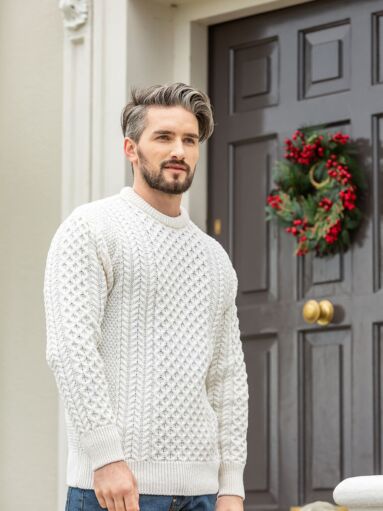 Mens Fisherman Merino Wool Sweater Natural