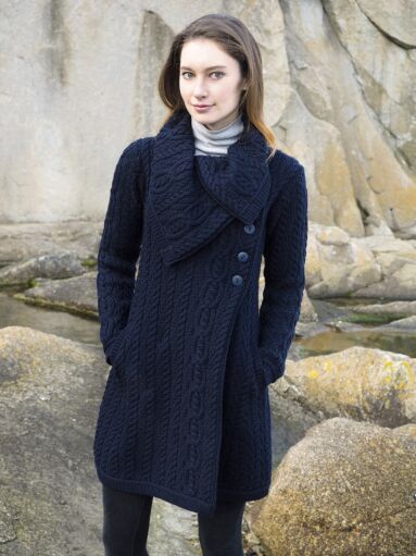 Merino Wool Aran Coatigan Navy 