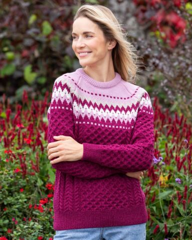 Ladies Merino Wool Fitted Fairisle Sweater Raspberry
