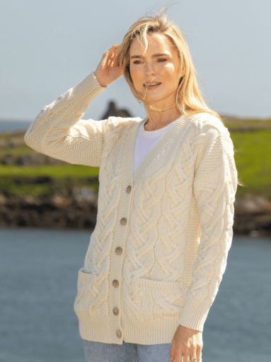 Super Soft Aran V Neck Cardigan Natural