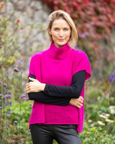 Merino Wool and Cashmere Short Sleeve Sweater Fuchsia