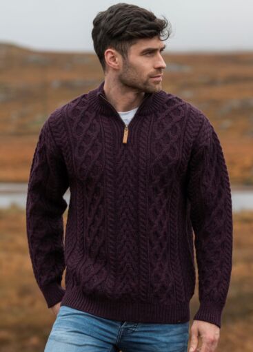 Men's Merino Wool Half Zip Aran Sweater Damson