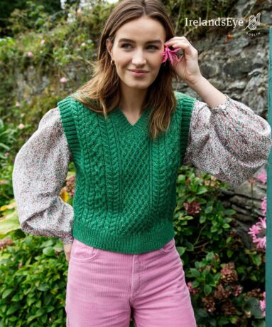 Pansy V Neck Aran Vest Green Marl