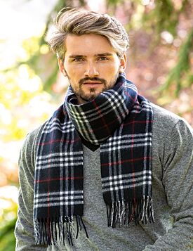 Wool and Cashmere Scarf navy red and white tartan