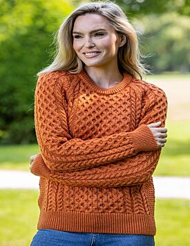 Merino Wool Classic Irish Aran Sweater Orange 