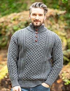 Men's Irish Aran Half Button Sweater Slate