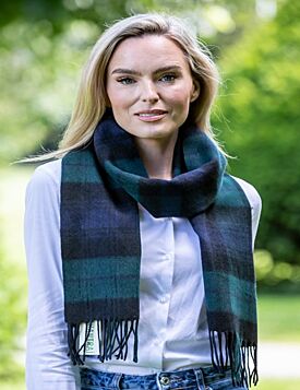 100% Lambswool Green and Navy Check Scarf 