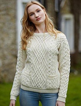 Aran Cable Knit Sweater with Pockets