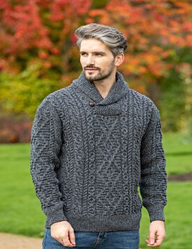 Shawl Neck Aran Sweater Slate 
